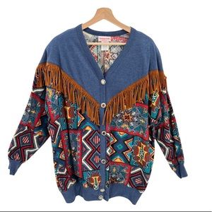 YOUNG STUFF Vintage Southwestern Fringe Button Down Oversized Shirt Size L